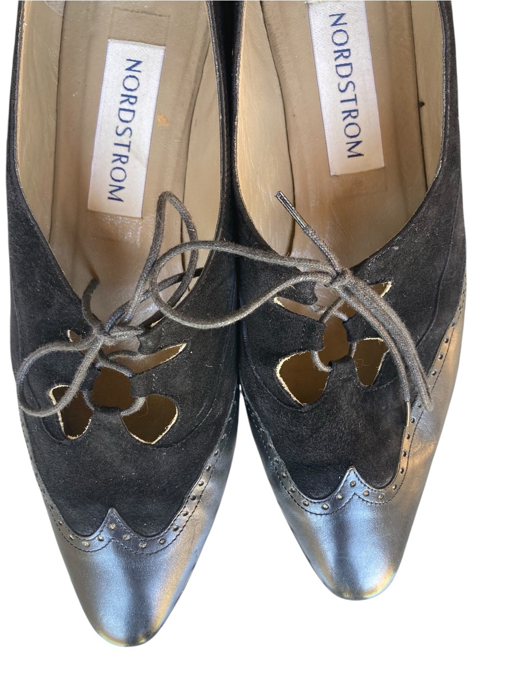 Nordstrom Spectator Wingtip Oxford Kitten Heels Black Leather Suede 9.5 - Picture 11 of 12
